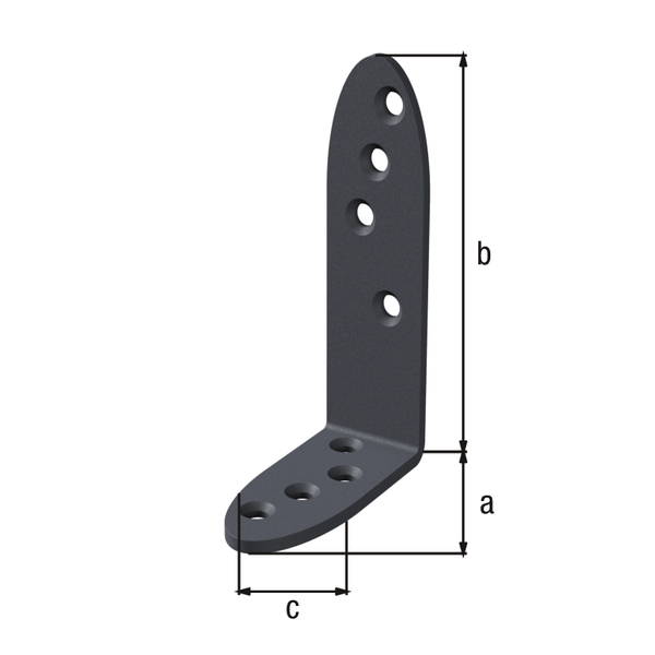 Escuadra para viga Ovado, lados desiguales, con agujeros para atornillar avellanados, Material: Acero, Superficie: galvanizado, con recubrimiento de plástico gris grafito, Profundidad: 80 mm, Altura: 120 mm, Anchura: 35 mm, Espesura del material: 4,00 mm, Número de agujeros: 8, Perforación: Ø7 mm, CutCase