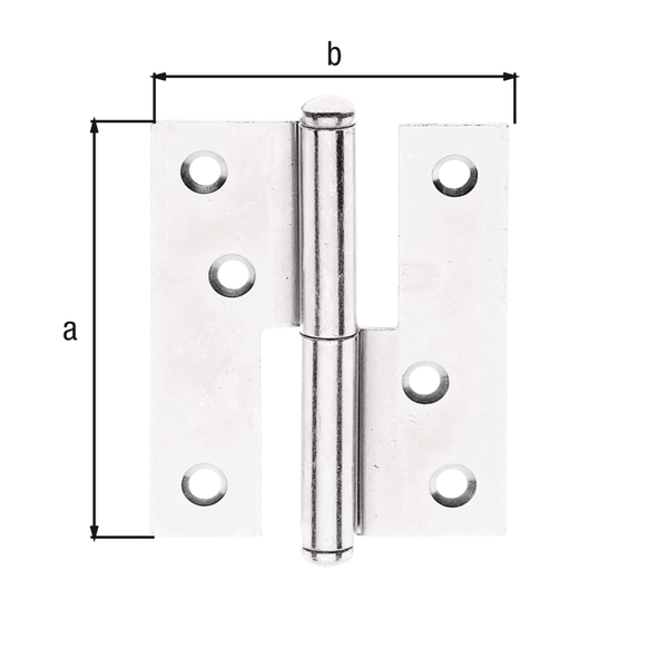 Lift-off hinge, with countersunk screw holes, Material: raw steel, Surface: sendzimir galvanised, left, Length: 80 mm, Width: 65 mm, Material thickness: 1.80 mm, No. of holes: 6, Hole: Ø5 mm