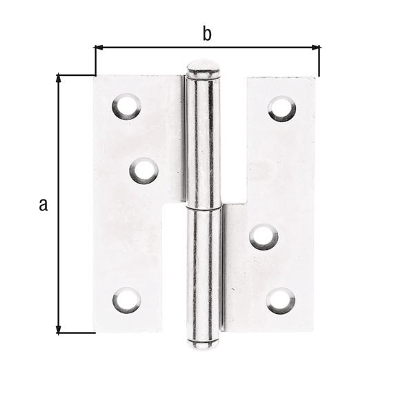 Aushebescharnier, mit versenkten Schraublöchern, Material: Stahl roh, Oberfläche: sendzimirverzinkt, links, Länge: 80 mm, Breite: 65 mm, Materialstärke: 1,80 mm, Anzahl Löcher: 6, Loch: Ø5 mm