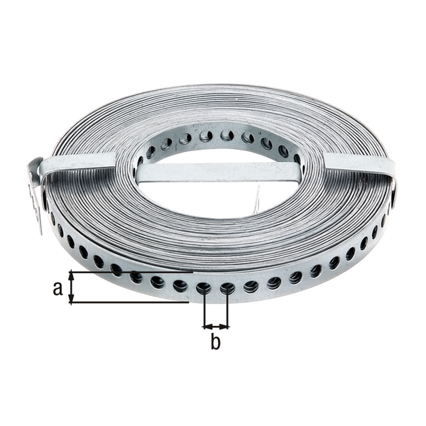 Builders band, Material: raw steel, Surface: sendzimir galvanised, Width: 12 mm, Distance from middle to middle of hole: 8 mm, Length: 10 m, Material thickness: 0.80 mm, Hole-Ø: 5 mm