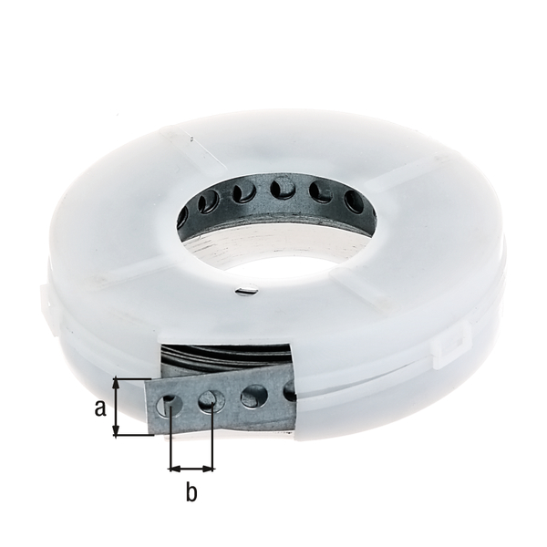 Builders band, Material: raw steel, Surface: sendzimir galvanised, in a roll-out cassette, Width: 12 mm, Distance from middle to middle of hole: 8 mm, Length: 3 m, Material thickness: 0.80 mm, Hole-Ø: 5 mm