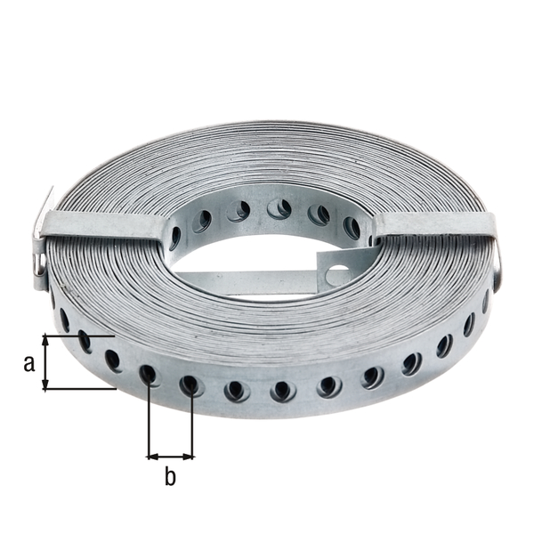 Nastro forato, Materiale: acciaio grezzo, superficie: zincata sendzimir, larghezza: 17 mm, distanza centro - centro foro: 12 mm, Lunghezza: 10 m, Spessore del materiale: 0,80 mm