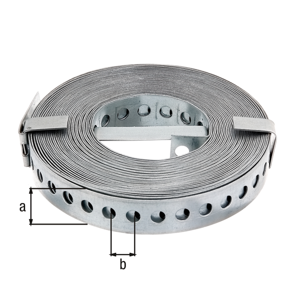 Lochband, Material: Stahl roh, Oberfläche: sendzimirverzinkt, Breite: 20 mm, Abstand Mitte - Mitte Loch: 12 mm, Länge: 10 m, Materialstärke: 1,00 mm, CutCase