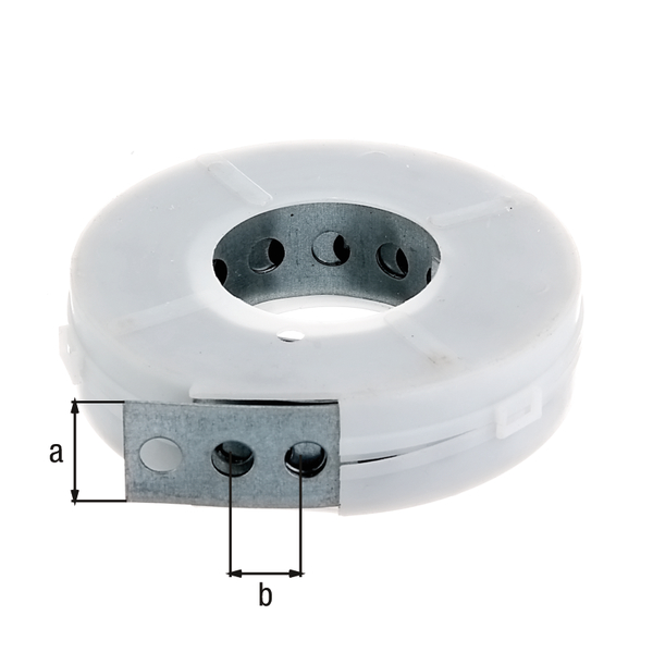 Builders band, Material: raw steel, Surface: sendzimir galvanised, in a roll-out cassette, Width: 20 mm, Distance from middle to middle of hole: 12 mm, Length: 3 m, Material thickness: 1.00 mm, Hole-Ø: 7 mm