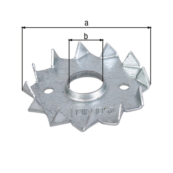 Scheibendübel mit Zähnen, Material: Stahl roh, Oberfläche: sendzimirverzinkt, mit CE-Kennzeichnung nach DIN EN 14545, Außen-Ø: 50 mm, Innen-Ø: 12 mm, ausgelegt für Standardquerschnitte aus Konstruktionsvollholz (KVH) und Brettschichtholz (BS-Holz), CutCase