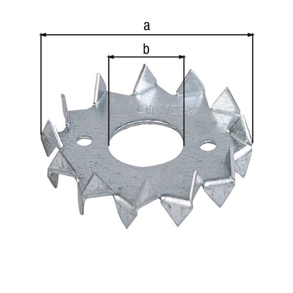 Podkładka tarczowa z zębami, materiał: stal surowa, powierzchnia: ocynkowana metodą Sędzimira, z oznaczeniem CE zgodnie z DIN EN 14545, Ø zewn.: 48 mm, 17 mm, Atest: Europ. Atest Techn. EN14545:2009-2/89/106/EWG+93/68/EWG, dla śruby: M16, przeznaczony do standardowych przekrojów, do konstrukcyjnego drewna litego (KVH) i klejonki (BSH), CutCase