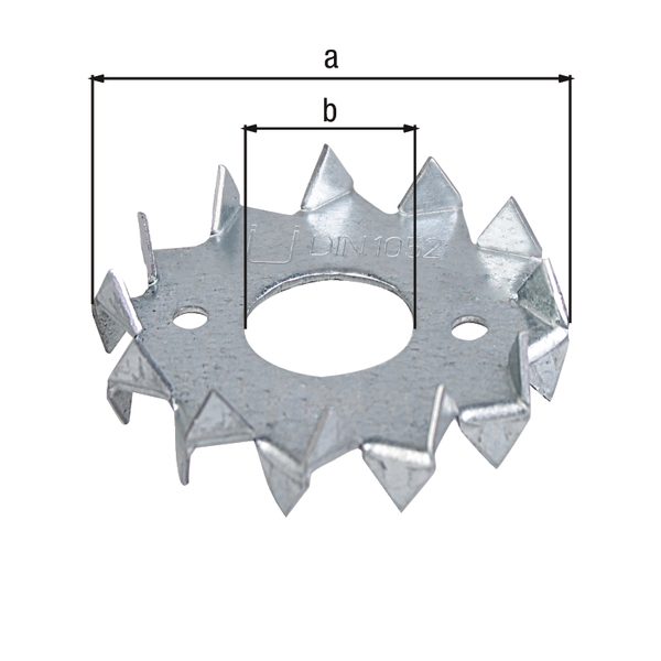 Scheibendübel mit Zähnen, Material: Stahl roh, Oberfläche: sendzimirverzinkt, mit CE-Kennzeichnung nach DIN EN 14545, Außen-Ø: 50 mm, Innen-Ø: 17 mm, ausgelegt für Standardquerschnitte aus Konstruktionsvollholz (KVH) und Brettschichtholz (BS-Holz), CutCase