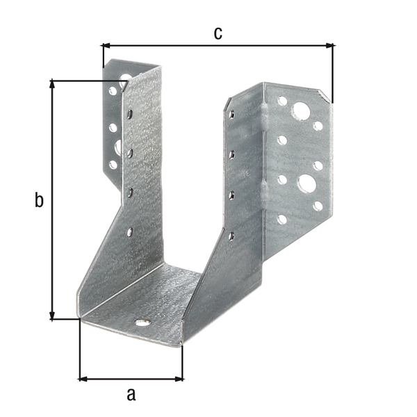 Staffa per travi, tipo A, Materiale: acciaio grezzo, superficie: zincata sendzimir, con marcatura CE ai sensi della ETA-08/0171, larghezza netta: 50 mm, altezza: 105 mm, larghezza totale: 120 mm, Spessore del materiale: 2,00 mm, Numero di fori: 4 / 22, Foro: Ø9 / Ø5 mm, CutCase