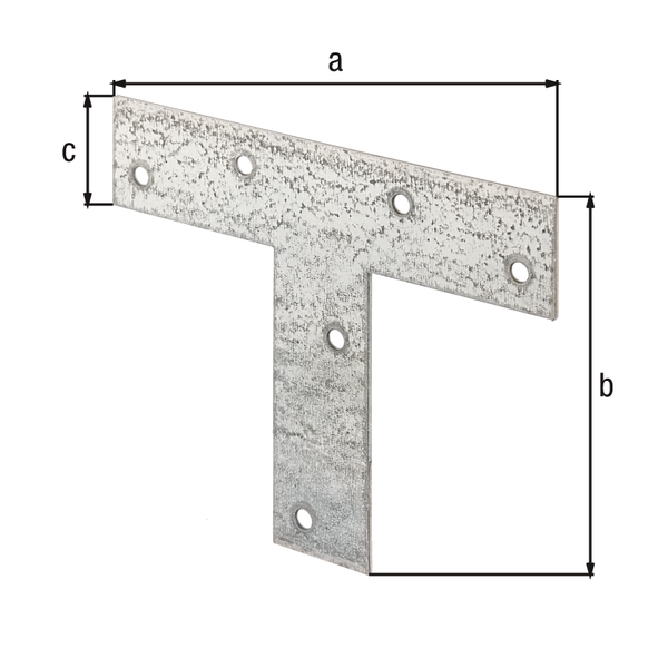 Flat connector T shaped, with countersunk screw holes, Material: raw steel, Surface: sendzimir galvanised, Length: 140 mm, Height: 110 mm, Width: 30 mm, Material thickness: 2.00 mm, No. of holes: 6, Hole: Ø5 mm, CutCase