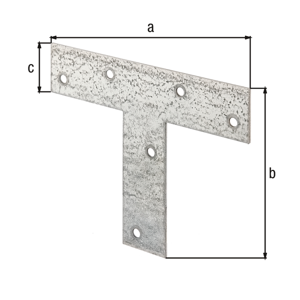 Lastrina di giunzione piana, forma a T, con fori per viti incassate, Materiale: acciaio grezzo, superficie: zincata sendzimir, lunghezza: 140 mm, altezza: 110 mm, larghezza: 30 mm, Spessore del materiale: 2,00 mm, Numero di fori: 6, Foro: Ø5 mm, CutCase