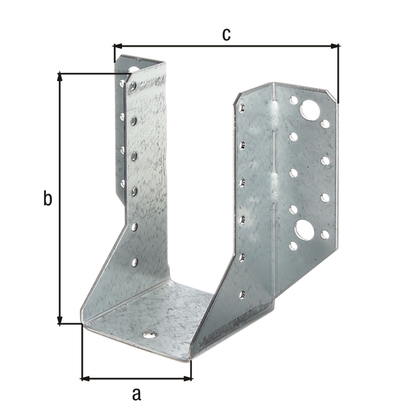 Joist hanger, type A, Material: raw steel, Surface: sendzimir galvanised, with CE marking in accordance with ETA-08/0171, Clear width: 64 mm, Height: 128 mm, Total width: 134 mm, Material thickness: 2.00 mm, No. of holes: 4 / 30, Hole: Ø11 / Ø5 mm