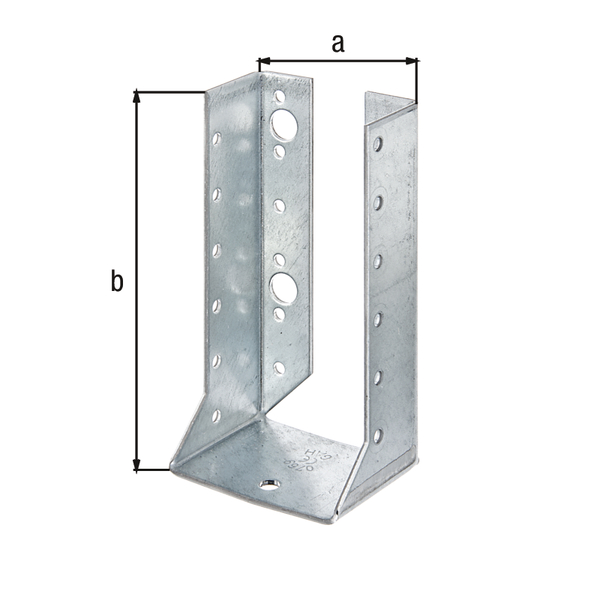 Joist hanger, type B, Material: raw steel, Surface: sendzimir galvanised, with CE marking in accordance with ETA-08/0171, Clear width: 64 mm, Height: 128 mm, Material thickness: 2.00 mm, No. of holes: 4 / 28, Hole: Ø11 / Ø5 mm