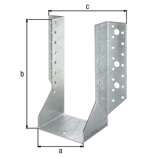 Joist hanger, type A, Material: raw steel, Surface: sendzimir galvanised, with CE marking in accordance with ETA-08/0171, Clear width: 100 mm, Height: 200 mm, Total width: 190 mm, Material thickness: 2.00 mm, No. of holes: 4 / 46, Hole: Ø11 / Ø5 mm, Designed for standard cross-sections made from solid structural timber (SST) and glued laminated timber (glulam)
