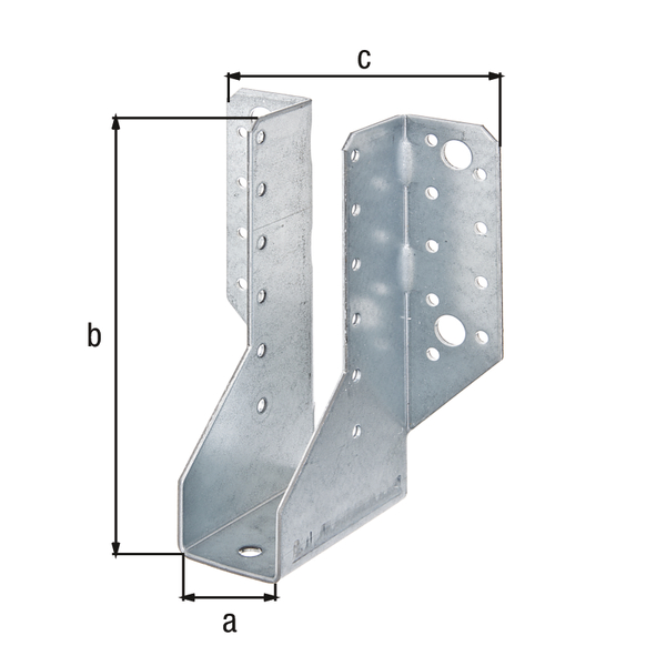 Joist hanger, type A, Material: raw steel, Surface: sendzimir galvanised, with CE marking in accordance with ETA-08/0171, Clear width: 34 mm, Height: 143 mm, Total width: 104 mm, Material thickness: 2.00 mm, No. of holes: 4 / 30, Hole: Ø11 / Ø5 mm