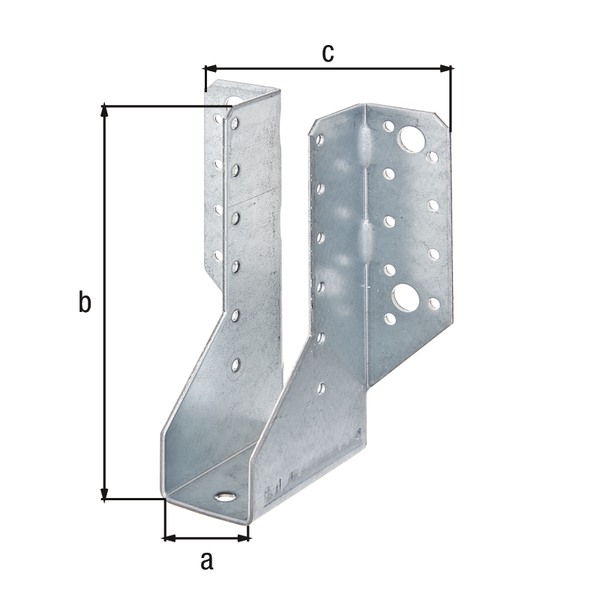 Balkenschuh, Typ A, Material: Stahl roh, Oberfläche: sendzimirverzinkt, mit CE-Kennzeichnung nach ETA-08/0171, lichte Breite: 34 mm, Höhe: 143 mm, Gesamtbreite: 104 mm, Materialstärke: 2,00 mm, Anzahl Löcher: 4 / 30, Loch: Ø11 / Ø5 mm, CutCase