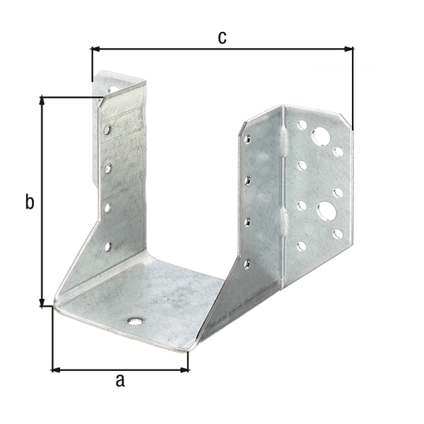 Staffa per travi, tipo A, Materiale: acciaio grezzo, superficie: zincata sendzimir, con marcatura CE ai sensi della ETA-08/0171, larghezza netta: 76 mm, altezza: 90 mm, larghezza totale: 146 mm, Spessore del materiale: 2,00 mm, Numero di fori: 4 / 22, Foro: Ø9 / Ø5 mm, CutCase