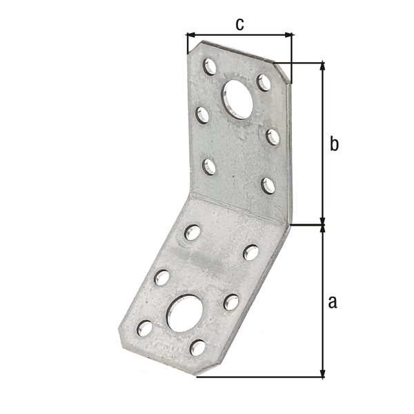 Escuadra de ensamblaje forma acodada a 135°, Material: Acero crudo, Superficie: acero galvanizado Sendzimir, Profundidad: 50 mm, Altura: 50 mm, Anchura: 35 mm, Espesura del material: 2,50 mm, Número de agujeros: 2 / 12, Perforación: Ø11 / Ø5 mm, CutCase