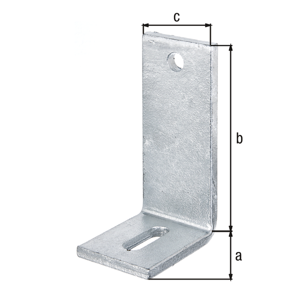 Équerre réglable pour fixation béton, Matériau: Acier brut, Finition: galvanisée à chaud, Profondeur: 80 mm, Hauteur: 150 mm, Largeur: 60 mm, Épaisseur: 8,00 mm, Nombre de trous: 1 / 1, Trou: 14 x 43 / Ø14 mm, CutCase