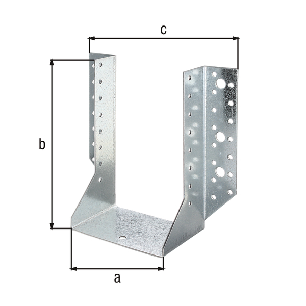 Joist hanger Type A, Material: raw steel, Surface: sendzimir galvanised, with CE marking in accordance with ETA-08/0171, Clear width: 120 mm, Height: 160 mm, Total width: 210 mm, Approval: Europ.techn.app. ETA-08/0171, Material thickness: 2.00 mm, No. of holes: 4 / 40, Hole: Ø11 / Ø5 mm, Designed for standard cross-sections made from solid structural timber (SST) and glued laminated timber (glulam), Specialised trade container