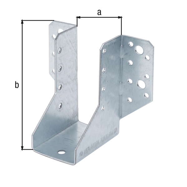 Staffa per travi, tipo A, Materiale: acciaio grezzo, superficie: zincata sendzimir, con marcatura CE ai sensi della ETA-08/0171, larghezza netta: 45 mm, altezza: 110 mm, larghezza totale: 115 mm, Spessore del materiale: 2,00 mm, Numero di fori: 4 / 22, Foro: Ø9 / Ø5 mm, CutCase