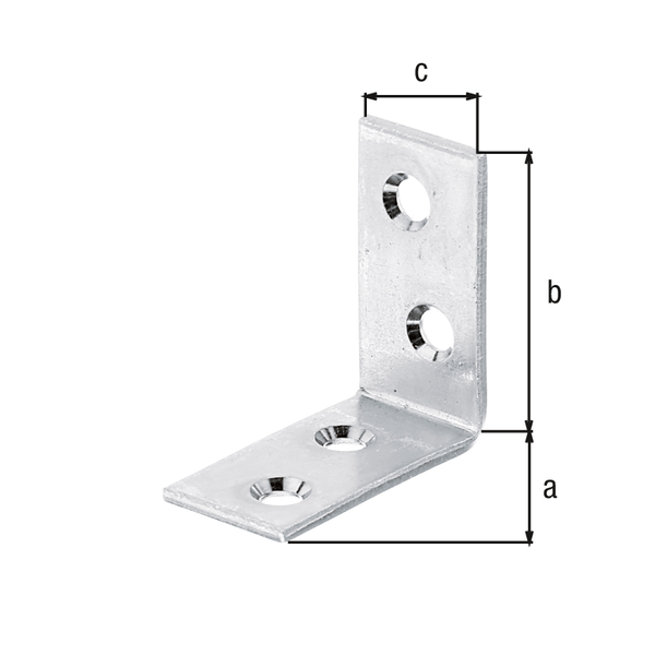 Corner brace, with countersunk screw holes on both sides, Material: raw steel, Surface: sendzimir galvanised, Contents per PU: 12 Piece, Depth: 30 mm, Height: 30 mm, Width: 14 mm, Material thickness: 1.50 mm, No. of holes: 4, Hole: Ø4.5 mm, in bargain pack