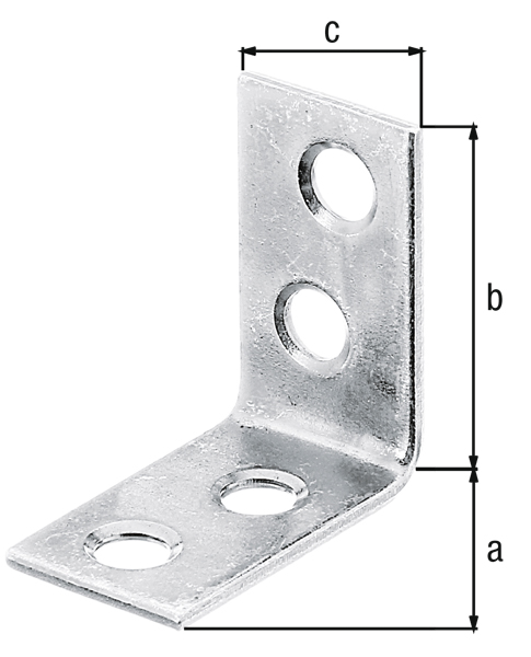Corner brace, with countersunk screw holes on both sides, Material: raw steel, Surface: sendzimir galvanised, Contents per PU: 12 Piece, Depth: 25 mm, Height: 25 mm, Width: 14 mm, Material thickness: 1.50 mm, No. of holes: 4, Hole: Ø4.5 mm, in bargain pack