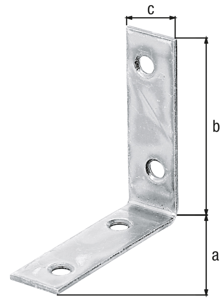 Corner brace, with countersunk screw holes on both sides, Material: raw steel, Surface: sendzimir galvanised, Contents per PU: 12 Piece, Depth: 50 mm, Height: 50 mm, Width: 15 mm, Material thickness: 1.75 mm, No. of holes: 4, Hole: Ø4.5 mm, in bargain pack