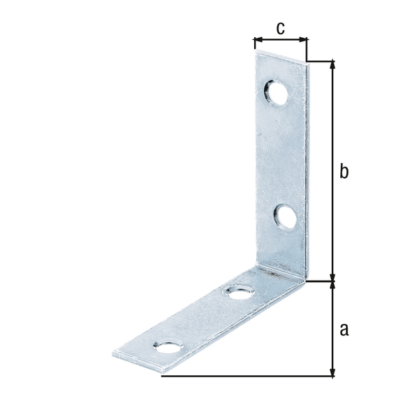 Corner brace, with countersunk screw holes on both sides, Material: raw steel, Surface: sendzimir galvanised, Contents per PU: 8 Piece, Depth: 60 mm, Height: 60 mm, Width: 16 mm, Material thickness: 1.75 mm, No. of holes: 4, Hole: Ø5.5 mm, in bargain pack