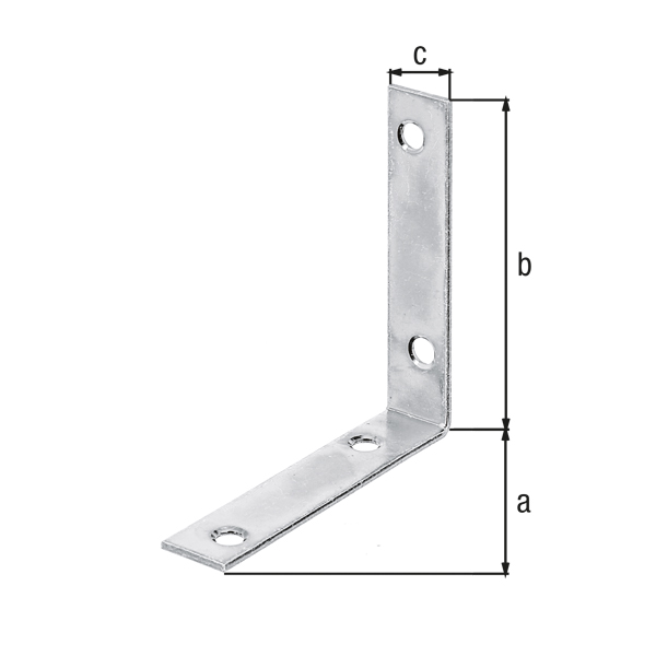 Corner brace, with countersunk screw holes on both sides, Material: raw steel, Surface: sendzimir galvanised, Contents per PU: 8 Piece, Depth: 75 mm, Height: 75 mm, Width: 16 mm, Material thickness: 1.75 mm, No. of holes: 4, Hole: Ø5.5 mm, in bargain pack