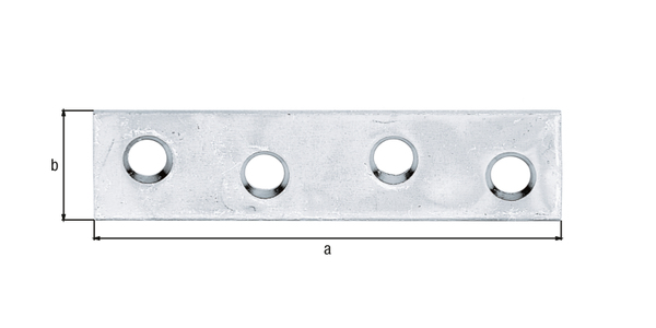 Flat connector, with countersunk screw holes, Material: raw steel, Surface: sendzimir galvanised, Contents per PU: 12 Piece, Length: 60 mm, Width: 14 mm, Material thickness: 1.75 mm, No. of holes: 4, Hole: Ø4.5 mm, in bargain pack