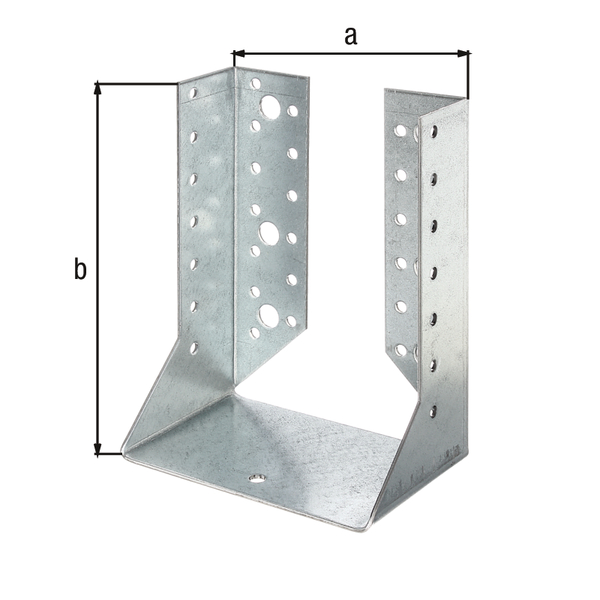 Joist hanger Type B, Material: raw steel, Surface: sendzimir galvanised, with CE marking in accordance with ETA-08/0171, Clear width: 120 mm, Height: 160 mm, Approval: Europ.techn.app. ETA-08/0171, Material thickness: 2.00 mm, No. of holes: 4 / 42, Hole: Ø13 / Ø5 mm, Designed for standard cross-sections made from solid structural timber (SST) and glued laminated timber (glulam), Specialised trade container