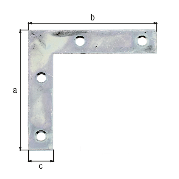 Corner plate, with countersunk screw holes, Material: raw steel, Surface: sendzimir galvanised, Height: 50 mm, Length: 50 mm, Width: 10 mm, Material thickness: 1.25 mm, No. of holes: 4, Hole: Ø3.2 mm, CutCase