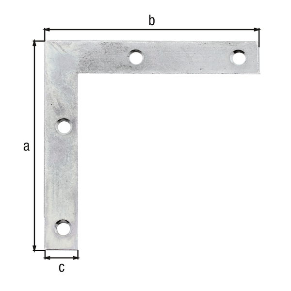 Corner plate, with countersunk screw holes, Material: raw steel, Surface: sendzimir galvanised, Height: 75 mm, Length: 75 mm, Width: 12 mm, Material thickness: 1.25 mm, No. of holes: 4, Hole: Ø4.2 mm, CutCase