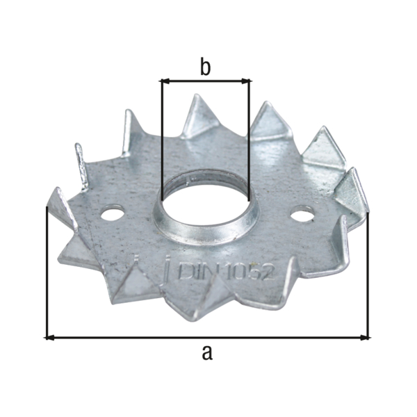 Scheibendübel mit Zähnen, Material: Stahl roh, Oberfläche: sendzimirverzinkt, mit CE-Kennzeichnung nach DIN EN 14545, Außen-Ø: 75 mm, Innen-Ø: 16 mm, ausgelegt für Standardquerschnitte aus Konstruktionsvollholz (KVH) und Brettschichtholz (BS-Holz), CutCase