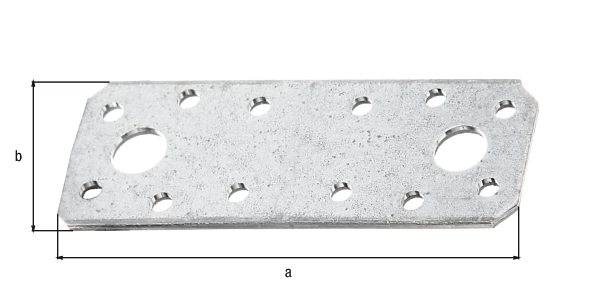 Łącznik płaski, materiał: stal surowa, powierzchnia: ocynkowana metodą Sędzimira, z oznaczeniem CE zgodnie z DIN EN 14545, Długość: 96 mm, Szerokość: 35 mm, Grubość materiału: 2,50 mm, Liczba otworów: 2 / 12, Otwór: Ø11 / Ø5 mm, Polska, CutCase