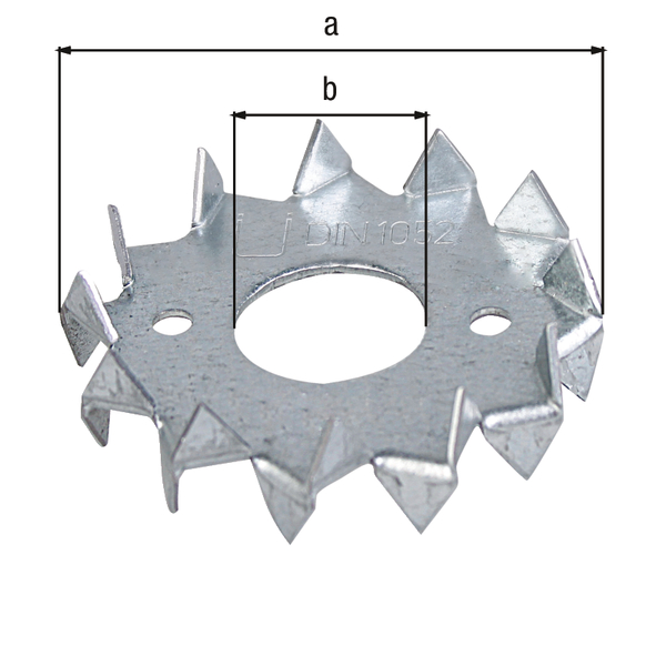 Scheibendübel mit Zähnen, Material: Stahl roh, Oberfläche: sendzimirverzinkt, mit CE-Kennzeichnung nach DIN EN 14545, Außen-Ø: 75 mm, Innen-Ø: 26 mm, Zulassung: Europ.Techn.Zul. EN14545:2009-2/89/106/EWG+93/68/EWG, für Schraube: M24