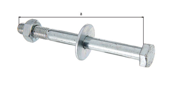 Hexagon head screw, D-Fix, for H post supports, U post supports etc., Material: raw steel, Surface: blue galvanised, in hanging box, Contents per PU: 2 Piece, Length: 110 mm, Thread: M10, Retail packaged