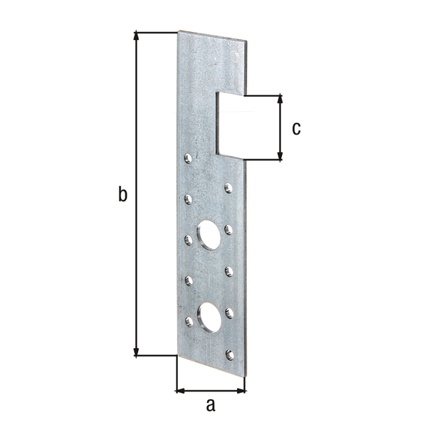 Łącznik płaski z wcięciem, materiał: stal surowa, powierzchnia: ocynkowana metodą Sędzimira, Szerokość: 40 mm, Wysokość: 160 mm, 30 mm, Grubość materiału: 3,00 mm, Liczba otworów: 2 / 10, Otwór: Ø14 / Ø4,5 mm, przeznaczony do standardowych przekrojów, do konstrukcyjnego drewna litego (KVH) i klejonki (BSH), CutCase