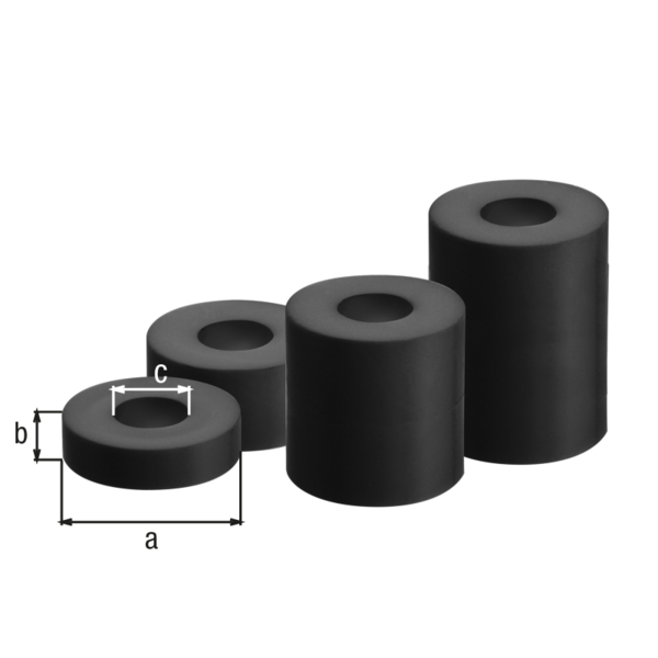 Set di bussole distanziali per viti, Materiale: plastica (polistirolo), colore nero, Contenuto per U.I.: 5 Pz., Ø esterno: 20 mm, 5 mm, 10 mm, 8,5 mm, Con imballo self-service