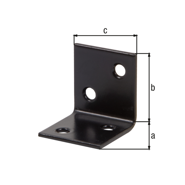 Wide angle bracket, equal sided, with countersunk screw holes, Material: raw steel, Surface: blue galvanised, black powder-coated, Depth: 30 mm, Height: 30 mm, Width: 30 mm, Material thickness: 2.00 mm, No. of holes: 4, Hole: Ø5 mm, 15-year warranty against rusting through