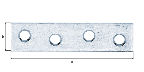 Flat connector, with countersunk screw holes, Material: raw steel, Surface: sendzimir galvanised, Length: 60 mm, Width: 14 mm, Material thickness: 1.75 mm, No. of holes: 4, Hole: Ø4.5 mm, CutCase
