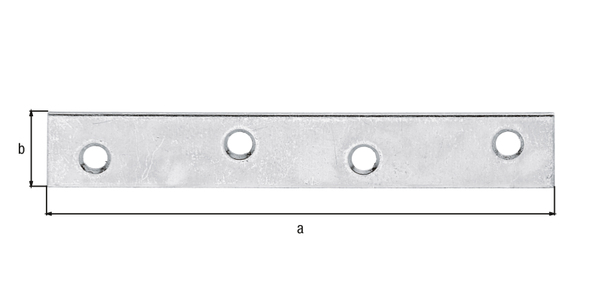 Platine d'assemblage, avec trous de vis fraisés, Matériau: Acier brut, Finition: galvanisée Sendzimir, Longueur: 100 mm, Largeur: 15 mm, Épaisseur: 1,75 mm, Nombre de trous: 4, Trou: Ø4,5 mm, CutCase