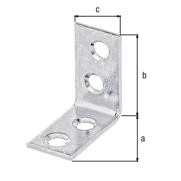 Corner brace, with countersunk screw holes on both sides, Material: raw steel, Surface: sendzimir galvanised, Contents per PU: 50 Piece, Depth: 25 mm, Height: 25 mm, Width: 14 mm, Material thickness: 1.50 mm, No. of holes: 4, Hole: Ø4.5 mm, in bargain pack