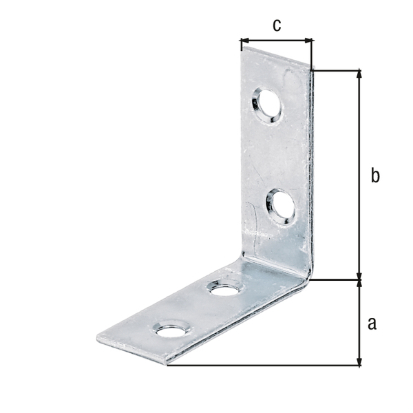 Corner brace, with countersunk screw holes on both sides, Material: raw steel, Surface: sendzimir galvanised, Contents per PU: 50 Piece, Depth: 40 mm, Height: 40 mm, Width: 15 mm, Material thickness: 1.75 mm, No. of holes: 4, Hole: Ø4.5 mm, in bargain pack