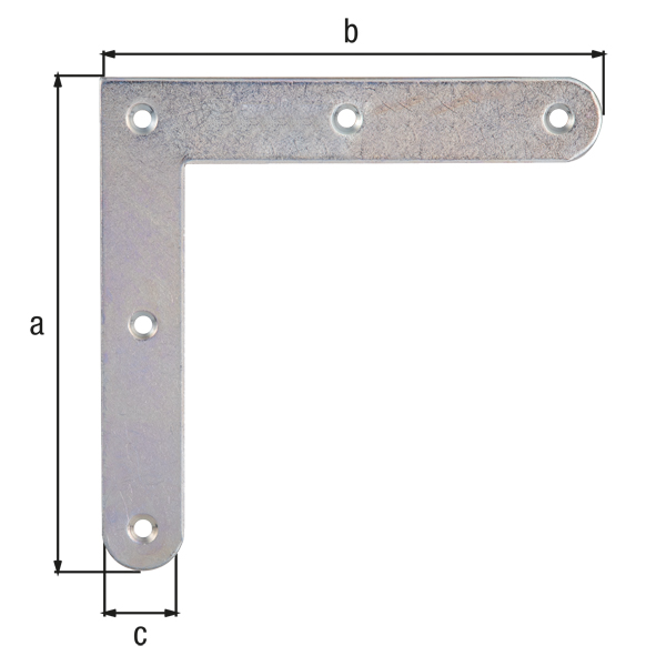 Flat angle bracket, rounded ends, with countersunk screw holes, Material: raw steel, Surface: galvanised, thick-film passivated, Height: 120 mm, Length: 120 mm, Width: 20 mm, Material thickness: 2.00 mm, No. of holes: 5, Hole: Ø4 mm, CutCase