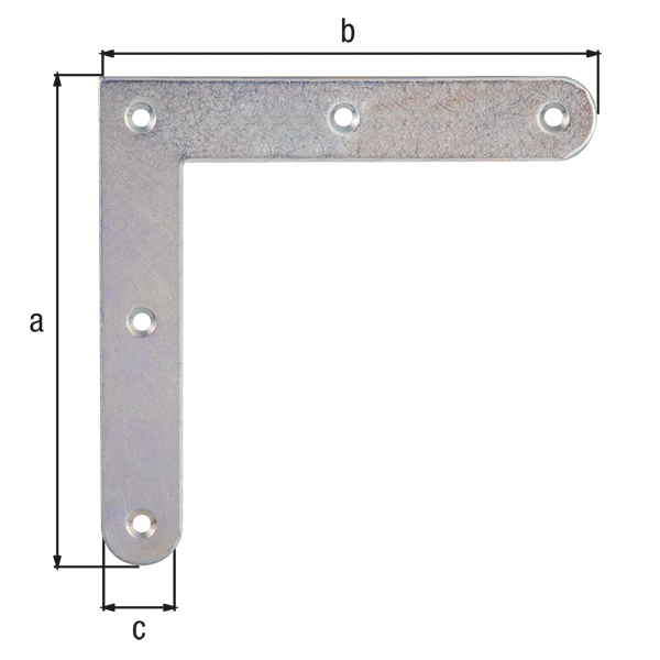 Escuadra de ángulo con extremidades redondas, con agujeros para atornillar avellanados, Material: Acero crudo, Superficie: galvanizados, pasivado con capa gruesa, Altura: 120 mm, Longitud: 120 mm, Anchura: 20 mm, Espesura del material: 2,00 mm, Número de agujeros: 5, Perforación: Ø4 mm, CutCase