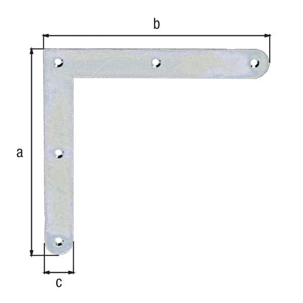 Eckwinkel mit abgerundeten Enden, mit versenkten Schraublöchern, Material: Stahl roh, Oberfläche: galvanisch verzinkt, Dickschichtschutz, Höhe: 150 mm, Länge: 150 mm, Breite: 20 mm, Materialstärke: 2,00 mm, Anzahl Löcher: 5, Loch: Ø4 mm, Art.-Nr.: 339746, Russland-Artikel, CutCase