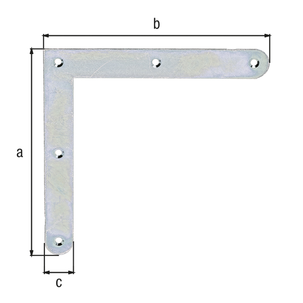 Eckwinkel mit abgerundeten Enden, mit versenkten Schraublöchern, Material: Stahl roh, Oberfläche: galvanisch verzinkt, Dickschichtschutz, Höhe: 150 mm, Länge: 150 mm, Breite: 20 mm, Materialstärke: 2,00 mm, Anzahl Löcher: 5, Loch: Ø4 mm, Art.-Nr.: 339746, Russland-Artikel, CutCase