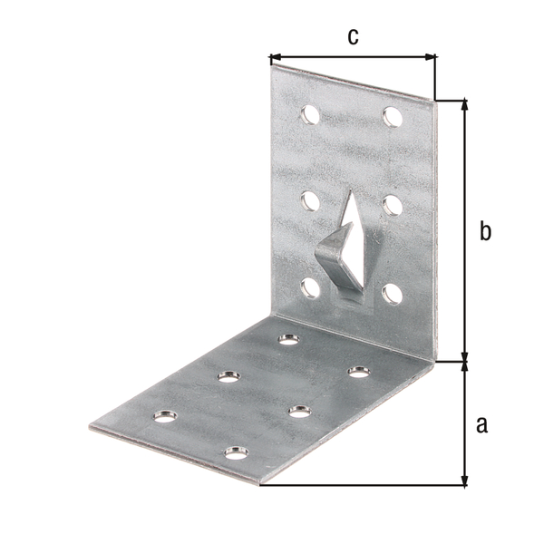 Lochplattenwinkel mit Fixierkralle zum Einschlagen, Material: Stahl roh, Oberfläche: sendzimirverzinkt, Tiefe: 60 mm, Höhe: 60 mm, Breite: 40 mm, Materialstärke: 1,50 mm, Anzahl Löcher: 12, Loch: Ø4,5 mm, CutCase