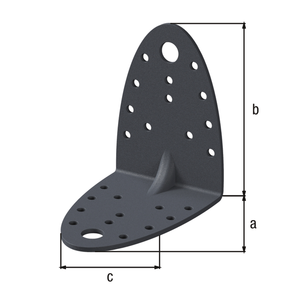 Ovado Heavy-duty angle bracket, reinforced, Material: steel, Surface: galvanised, graphite grey powder-coated, Depth: 90 mm, Height: 90 mm, Width: 65 mm, Material thickness: 2.50 mm, No. of holes: 2 / 24, Hole: Ø11 / Ø4.5 mm, CutCase